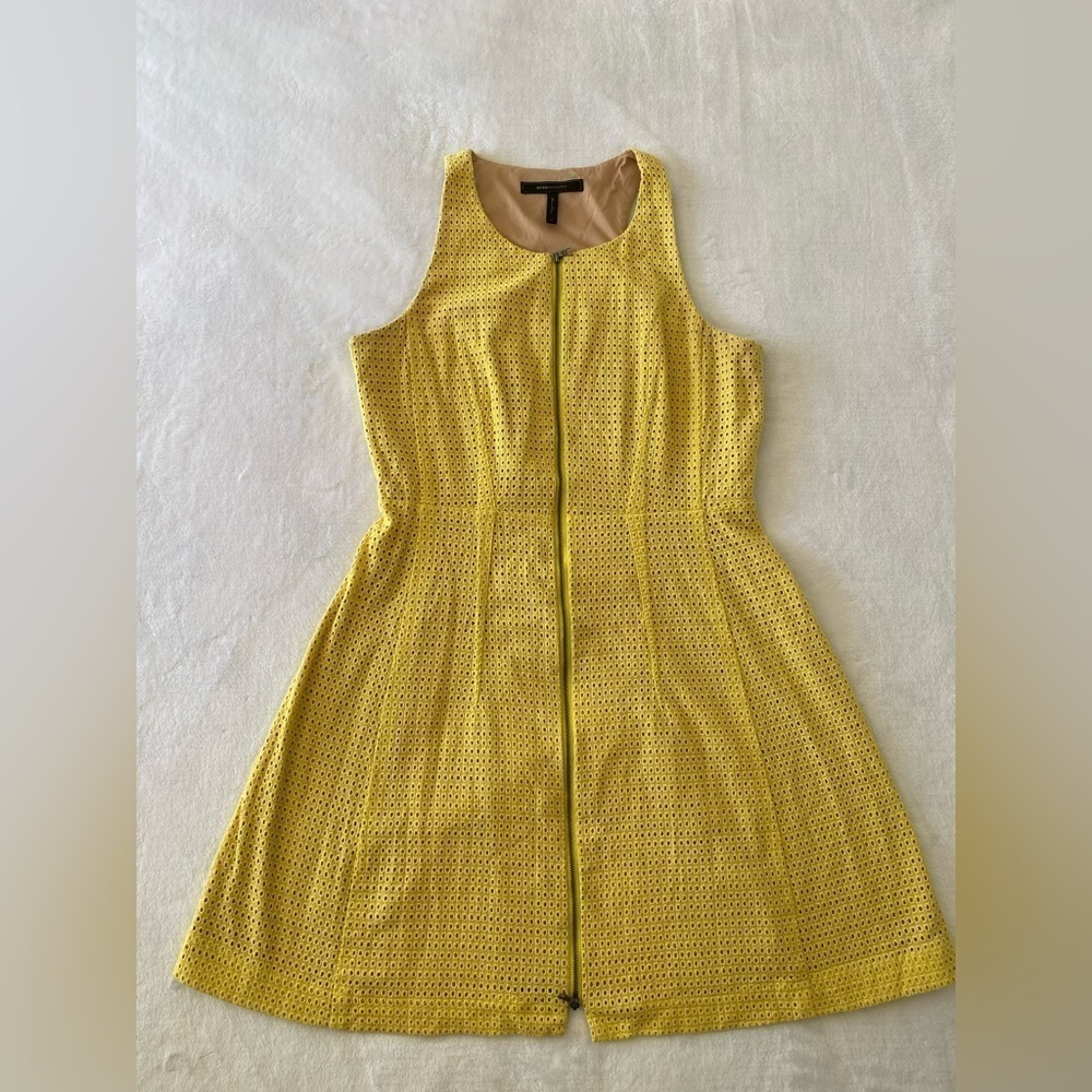 BCBGMaxAzria Yellow Eyelet Zip-Front Fit-and-Flare Dress